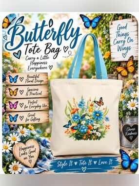Hand Crafted Floral Tote Bag with Blue Handles